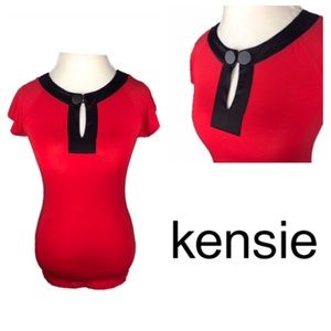Kensie Red Short Sleeve Top With Button Collar NWT